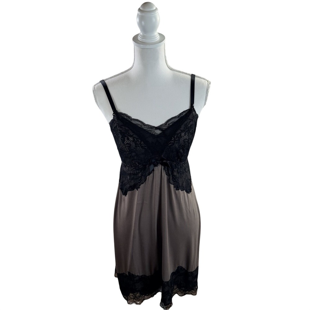 Soma Black & Brown Lace Trim Chemise Nightgown size Small Deep V Slip Sleepwear